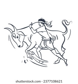 Jallikattu festival simple line drawing vector illustration