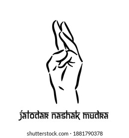 Jalodar nashak mudra. Hand spirituality hindu yoga of fingers gesture. Technique of meditation for mental health.