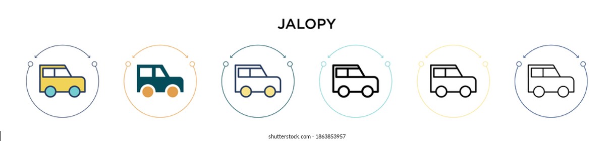 Jalopy icon in filled, thin line, outline and stroke style. Vector illustration of two colored and black jalopy vector icons designs can be used for mobile, ui, web