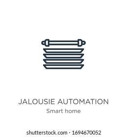 Jalousie Automatisierungssymbol. Dünne, lineare jalousie-Automatisierung Umrisssymbol einzeln auf weißem Hintergrund aus Smart-Home-Kollektion. Vektorillustration der Linie, Symbol für Web und Mobilfunk