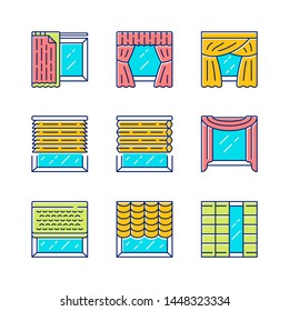 Jalousie and curtains color icons set. Cellular shades, window treatment set, scarf, liner. Home, office interior accessory. Living room, kitchen, decoration. Isolated vector illustrations