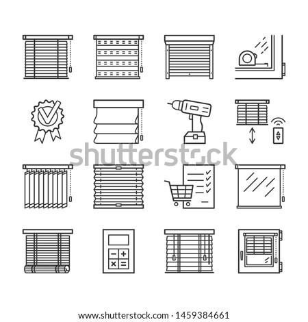 Jalousie linear icons set. Window blinds thin line editable stroke vector signs. Screwdriver, roller shutters, shopping cart, measuring, quality, assurance, business