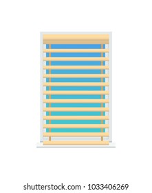 Jalousie set on window, color vector illustration isolated on white background, beige louvers, blue abstract glass, design element of room interior