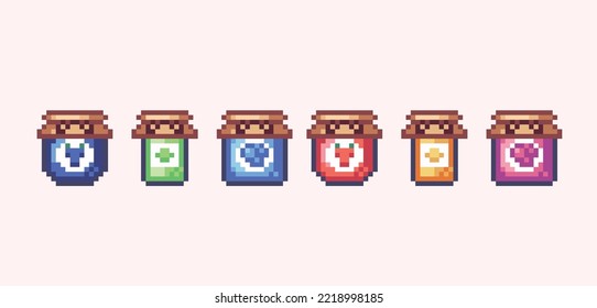 Jam assortment jars pixel art set.  Fruit jelly packaging collection. Sweet preserves 8 bit sprite. Game development, mobile app.  Isolated vector illustration.