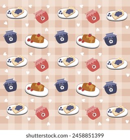 Jam, bread with blueberry jam, pancake with honey and strawberry pattern. Pastry pattern for wallpaper, surface design and fabric pattern