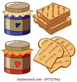 Jam and bread on white background illustration