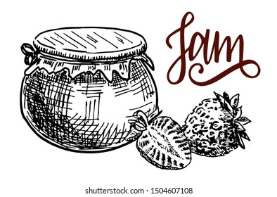 Jam in a clay pot. Strawberries jam hand drawn drawing. Fruit Jelly and marmalade. Vector food illustration. Sketch style vintage objects for label, icon, packaging design.