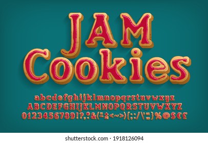 Jam Cookies alphabet font. Cartoon 3d letters, numbers and punctuation. Uppercase and lowercase. Stock vector illustration for your design.