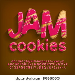 Jam Cookies alphabet font. Cartoon letters, numbers and symbols. Uppercase and lowercase. Stock vector typeface for your design.