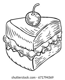 A jam and cream Victoria sponge cake slice with cherry, hand draw in a retro vintage woodcut engraved or etched style.