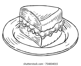 A jam and cream Victoria sponge cake slice on a plate hand draw in a retro vintage woodcut engraved or etched style.
