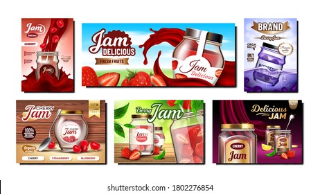 Jam Dessert Creative Promo Posters Set Vector. Strawberry, Cherry And Blueberry Blank Jam Jar Collection Advertising Marketing Banners. Fruity Marmalade Food Color Concept Template Illustrations