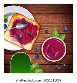 Jam Dessert Creative Promotional Poster Vector. Blueberry Jam In Bowl And On Bread Toaster Advertising Banner. Berries Organic Product And Kitchen Utensil Style Concept Template Illustration