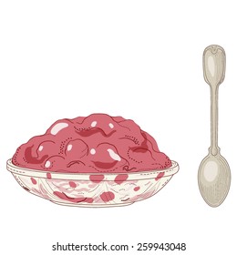 Jam dish and silver spoon isolated on white background