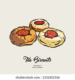 Jam doughnuts isolated hand drawn vector line illustration old style. Vector tea biscuits, cookies for cooking logo, packaging design, cafe menu, banner, flayer, coffee shop in retro hand drawn style.