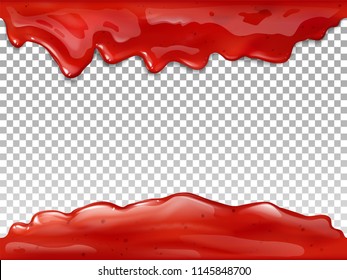 Jam flow seamless vector illustration of realistic 3D syrup splash and drops of red berry or fruit marmalade. Liquid drips on transparent background for candy or sweet dessert package design template - Shutterstock ID 1145848700