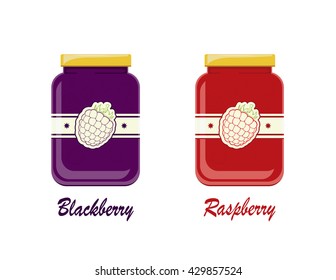 The jam with fresh ripe raspberries and blackberries in a glass jar with lid and label, illustration.