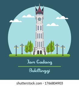 Jam Gadang. Clock Tower of Bukittinggi City Landmarks Flat Design Illustration Vector