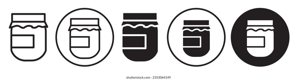 Jam Glass Icon. Vector symbol of honey or mason jar with top lid cap. Flat outline of edible storage container for farm fresh food. logo Set of homemade pickle pot with pure marmalade. Sign of bottle 