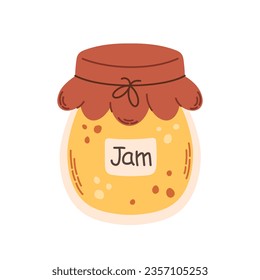 Jam in glass jar. Berry or fruits jam. Autumn harvest season. Homemade jar of preserving the fruit and vegetables. Vector illustration in flat style