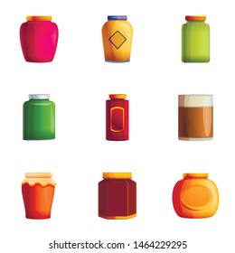 Jam glass jar icon set. Cartoon set of 9 jam glass jar vector icons for web design isolated on white background