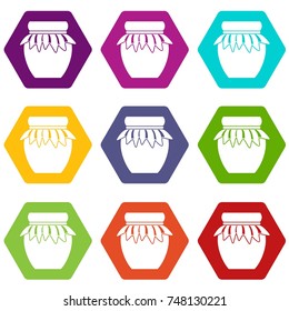 Jam in glass jar icon set many color hexahedron isolated on white vector illustration