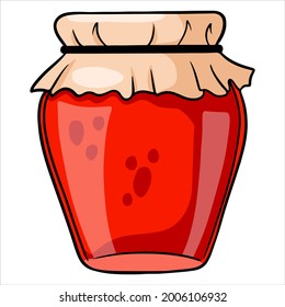 Jam in a glass jar, raspberry or strawberry with a decorated lid. Homemade jam. Cartoon style. Vector illustration for design and decoration.