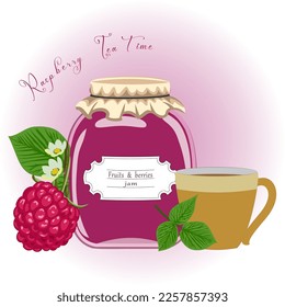 Jam glass jar with raspberry, tea cup, flowers and leaves. Vector illustration