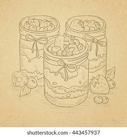 Jam in glass jars and fresh berries. Hand drawn on old paper vintage background. Vector sketch illustration. Jam in glass jars and fresh berries. Hand drawn on old paper vintage background. Vector sketch illustration.