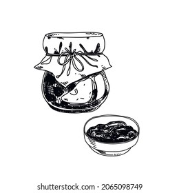 Jam hand drawn black and white vector illustration. Retro glass jar and saucer sketch. Conserve, dessert monochrome design element. Vintage confiture containers isolated on white background