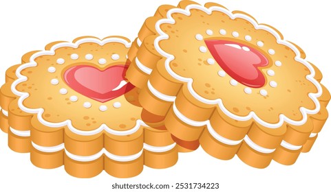 Jam Heart Cream relleno de galletas de sándwich con hielo. Ilustración vectorial de vista lateral aislada 