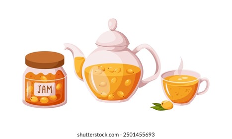 Mermelada y té caliente hecho de bayas de espino cerval de mar 2D objetos de dibujos animados conjunto. Iconos de vector de línea plana de alimentos y bebidas hechos a mano orgánicos en blanco