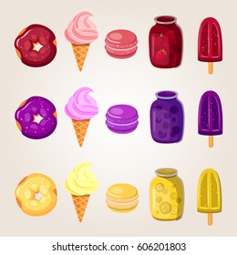 jam, ice cream, donut, cupcake, strawberry, blueberry, orange vector set