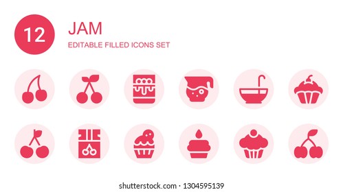 jam icon set. Collection of 12 filled jam icons included Cherry, Panna cotta, Jar, Punch bowl, Jam, Cupcake