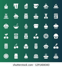 jam icon set. Collection of 36 filled jam icons included Pie, Jelly, Cupcake, Jar, Cherry, Jam, Panna cotta, Punch bowl