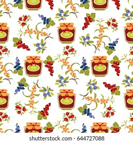 Jam jar with berries set isolated on white background. Seamless pattern. Design element for wrapping paper or fabric.