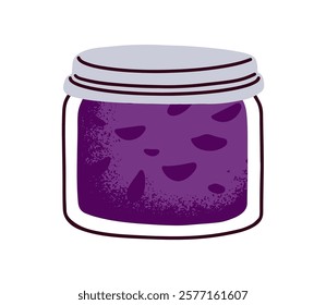 Jam jar with berry confiture. Sweet homemade preserve from organic natural fruit and sugar, sealed with lid. Canned plum marmalade spread. Flat vector illustration isolated on white background