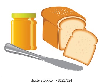 Jam jar, bread & knife vector