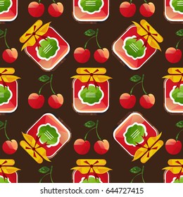 Jam jar with cherry isolated on dark background. Seamless pattern. Design element for wrapping paper or fabric.