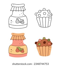 Mermelada en un frasco y un bizcocho. Ilustración vectorial de clipart en blanco y negro y en color.