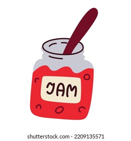 Jam jar doodle icon, vector illustration of a glass jar with strawberry jam, food for breakfast, marmalade for toasts, isolated colored clipart on white background