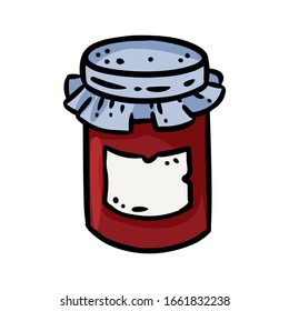 Jam jar doodle image. Cute cartoon jam logo. Media highlights graphic icon