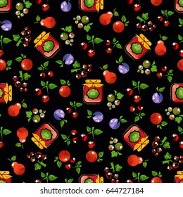 Jam jar with fruits and berries isolated on dark background. Seamless pattern. Design element for wrapping paper or fabric.