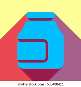 Jam jar glass. Vector. Deep sky blue icon with two flat violet and raspberry semitransparent shadows on canary background.