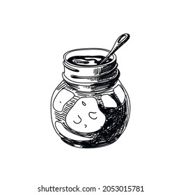 Jam jar hand drawn black and white vector illustration. Retro glass jar sketch. Traditional breakfast, confiture monochrome design element. Vintage conserve, dessert isolated on white background