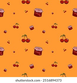 Jam in jar with hand-draw cherry  and light-orange background seamless abstract fabric pattern