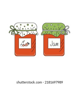 Jam jar, icon, fruits and berries. Set, canned, doodle. Natural product . Healthy food, sweet dessert. Vector illustration. Isolated background.