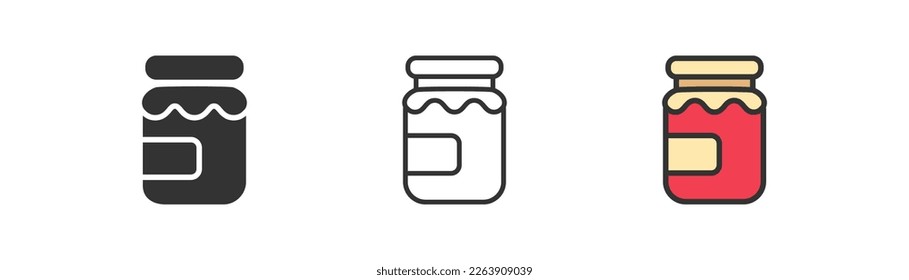Jam jar icon on light background. Breakfast symbol. Strawberry, berry,  sugar, tea, signs. Outline, flat and colored style. Flat design. 