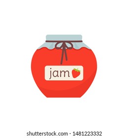 Jam in jar icon. Vector. Strawberry marmalade in glass pot with label. Isolated on white background. Flat design. Berry jelly. Cartoon colorful illustration. Symbol of autumn.