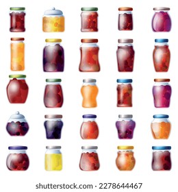 Iconos de jam jar conjunto de vector de caricatura. Fruta de la gelatina. Alimentos frescos